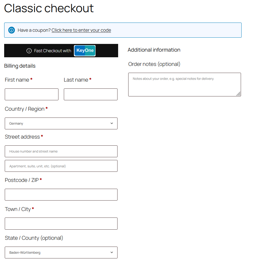 Fast Checkout Button on the Checkout Page: A preview of the checkout button added to the WooCommerce checkout page.