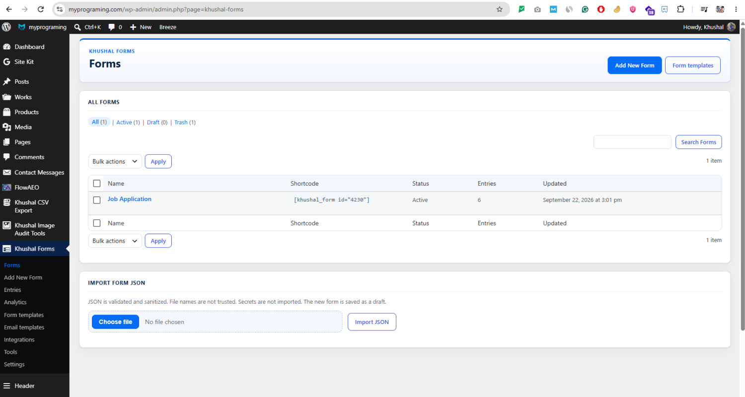 The forms list, with the shortcode, status, and entry count for each form.
