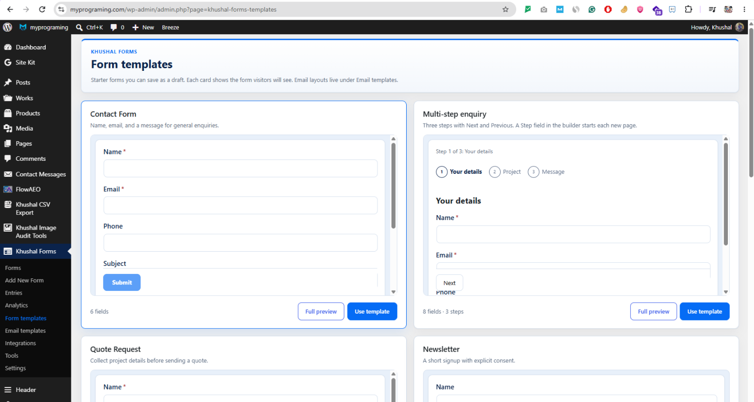Starter form templates, with a preview of the form visitors will see.