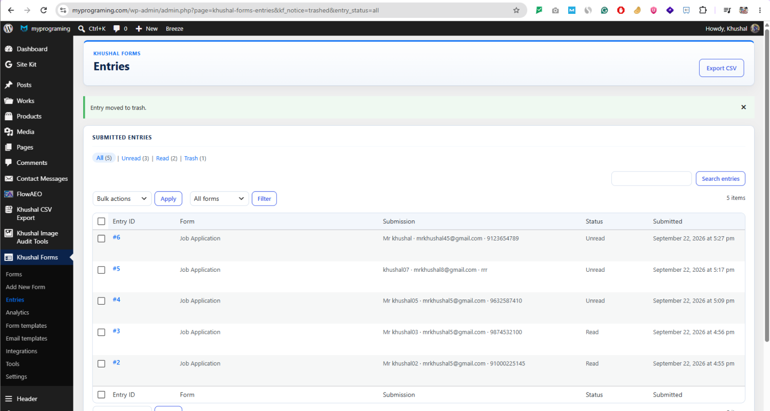 Submitted entries, with search, read status, and CSV export.