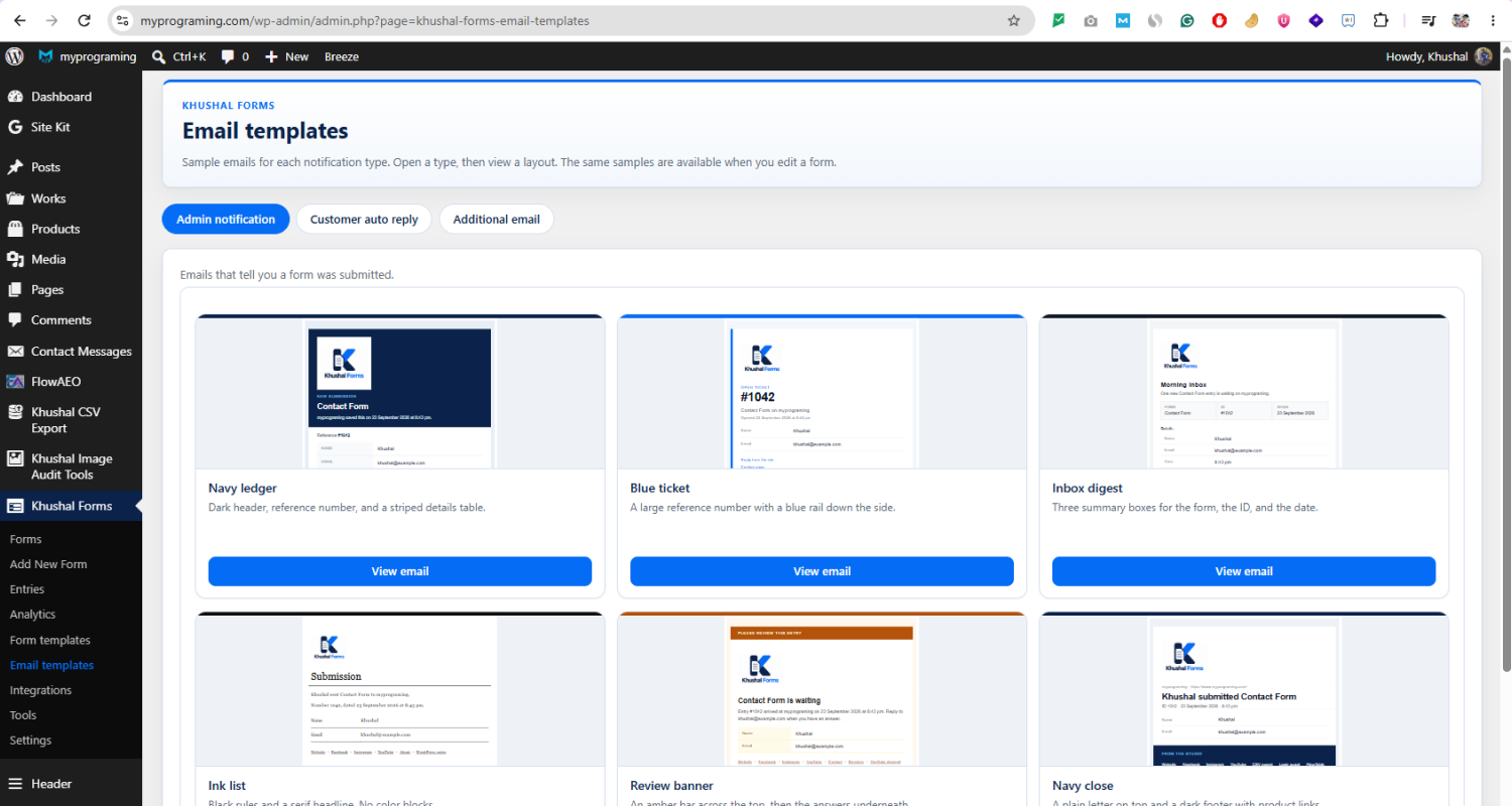 Email templates for the admin notification, the customer auto-reply, and an additional email.