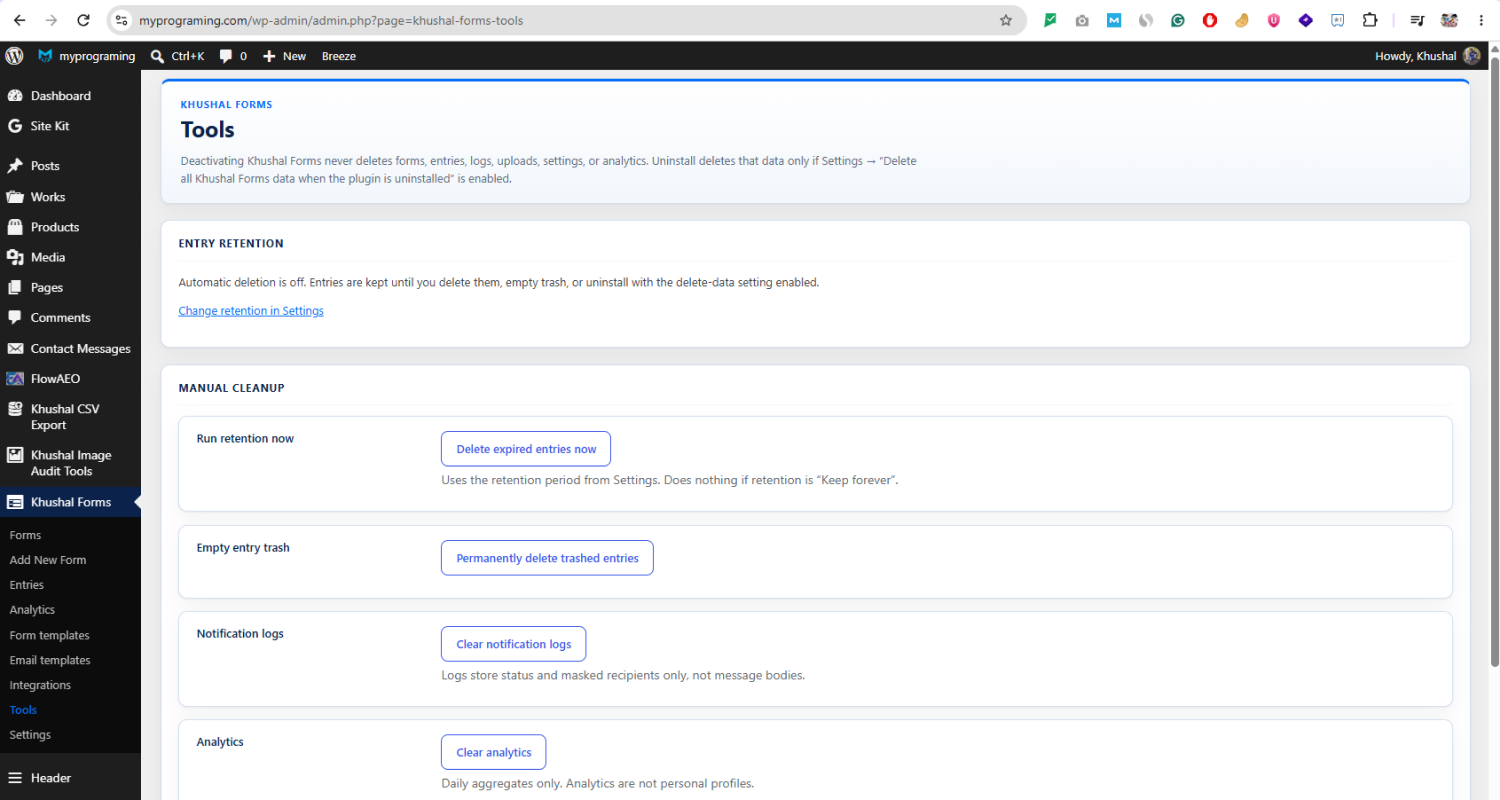 Tools for entry retention, trash, notification logs, and analytics.