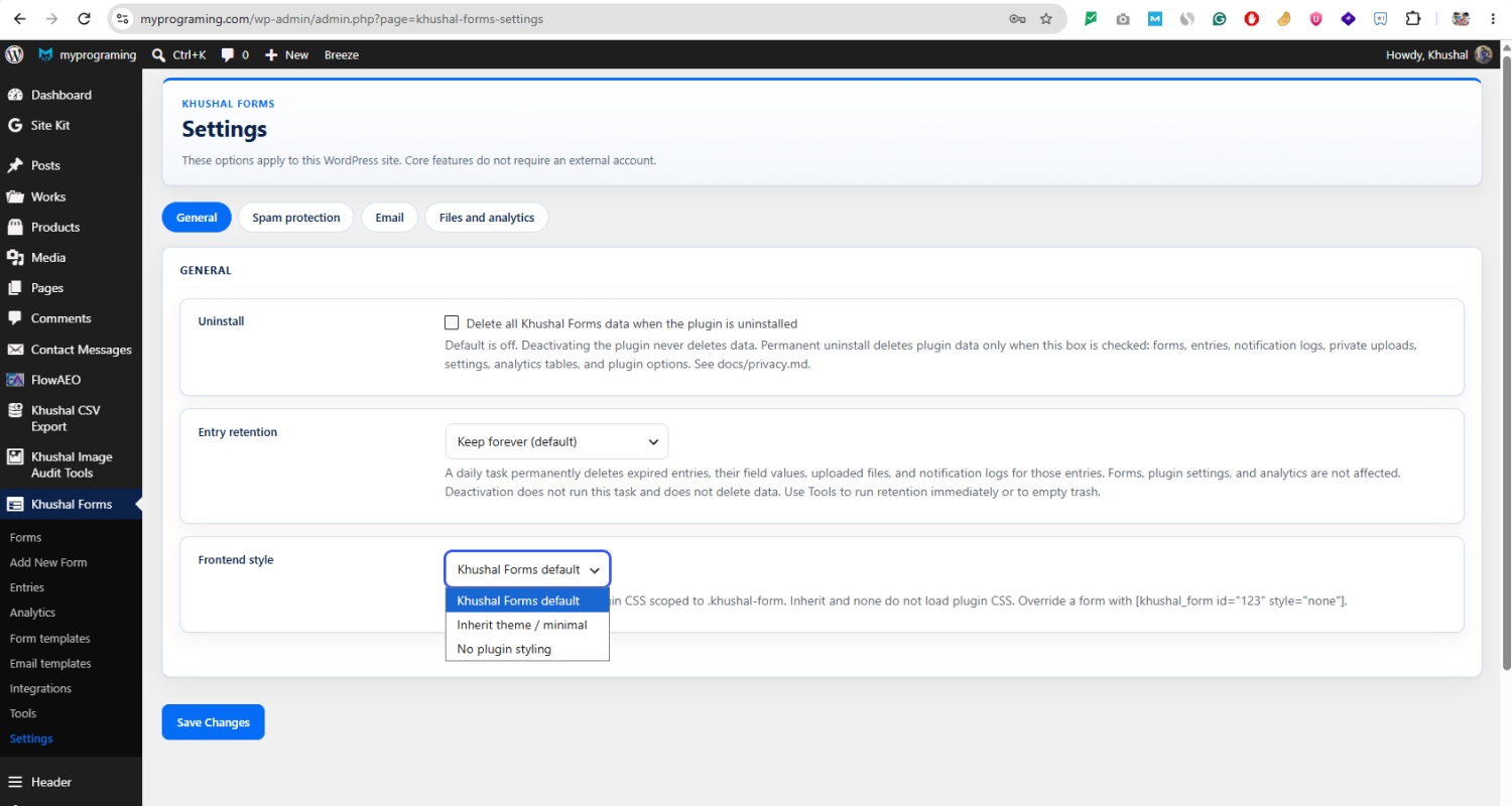 Settings for uninstall, how long entries are kept, and the public form style.