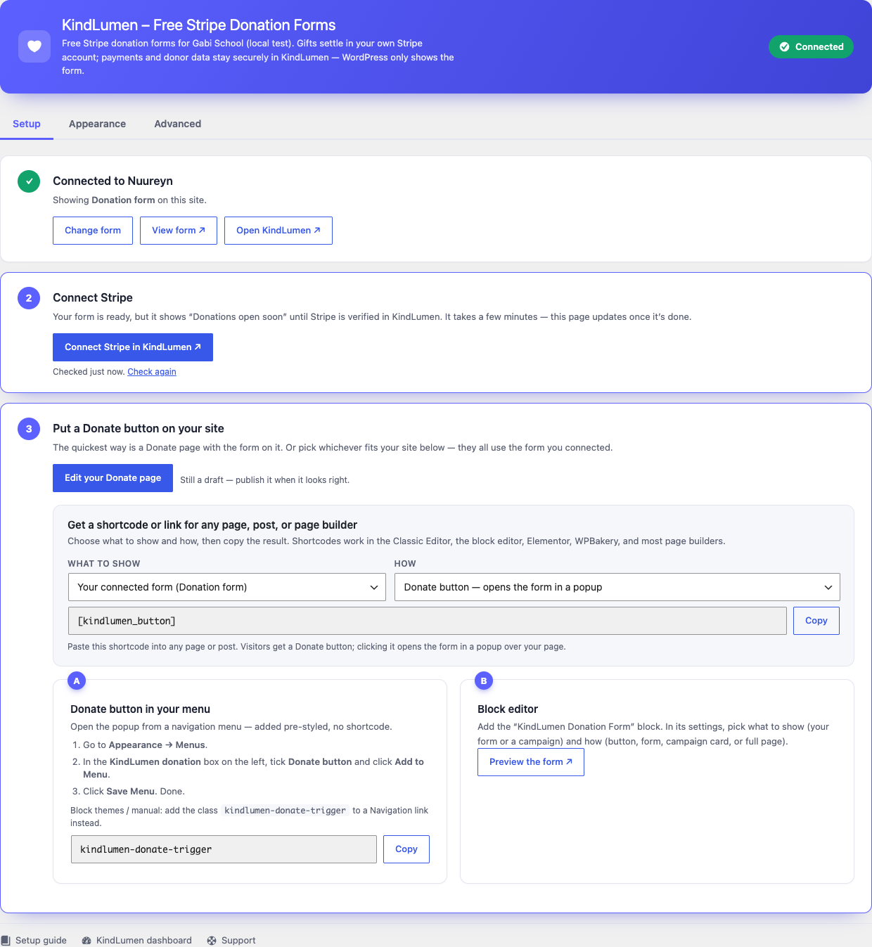 The setup screen — connect KindLumen, connect Stripe, add a Donate button.