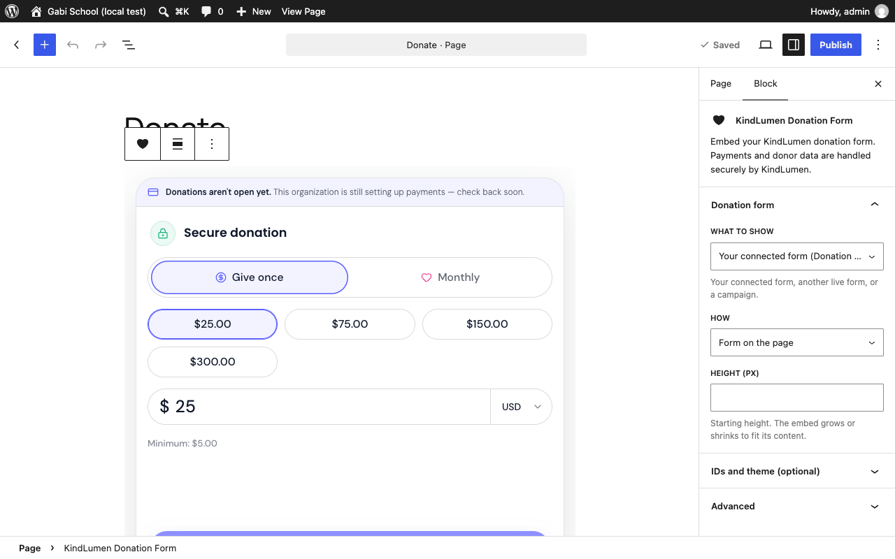 The KindLumen Donation Form block — pick what to show and how in its settings.