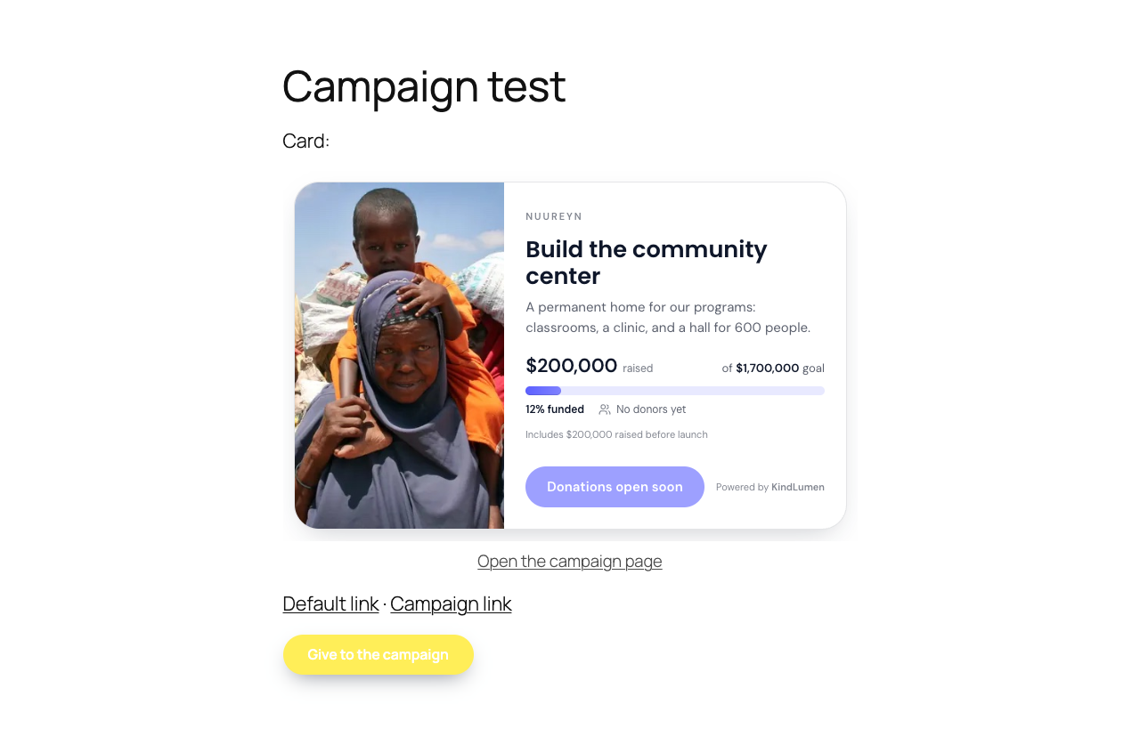 A campaign card (goal, progress bar, Donate) and a Donate button on a page.