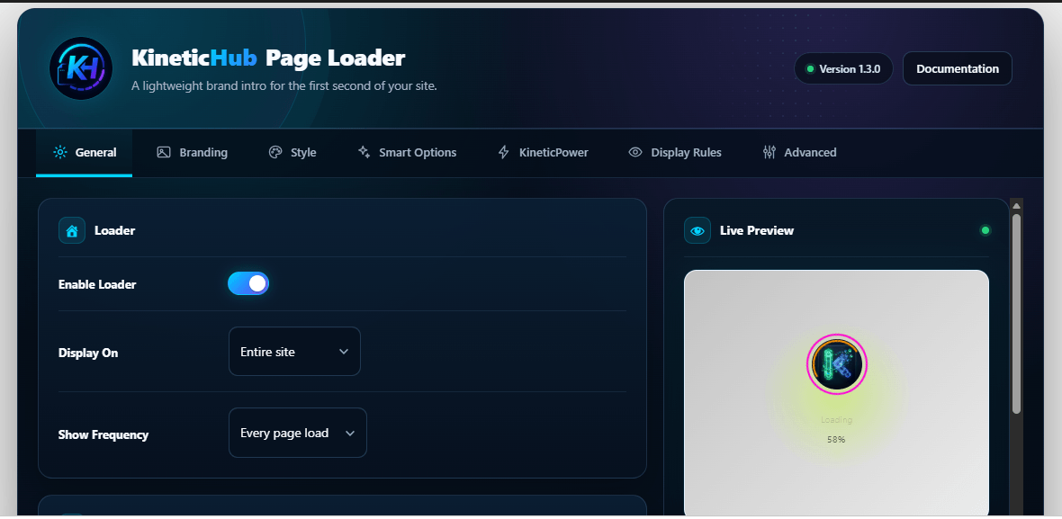 KineticHub Page Loader dashboard with Live Preview and configuration controls