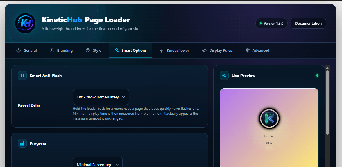 Smart Anti-Flash, Smart Progress, transitions, cover modes and page reveal settings