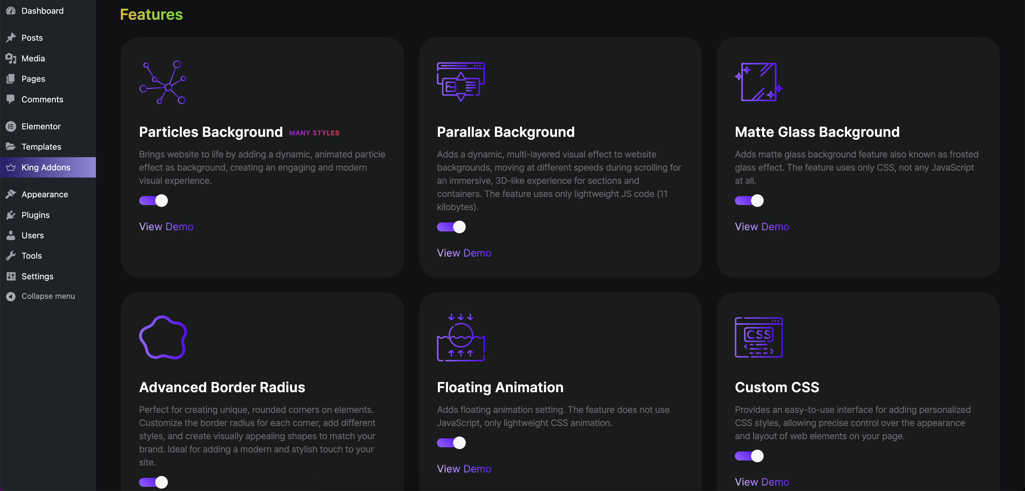 King Addons for Elementor - Dashboard