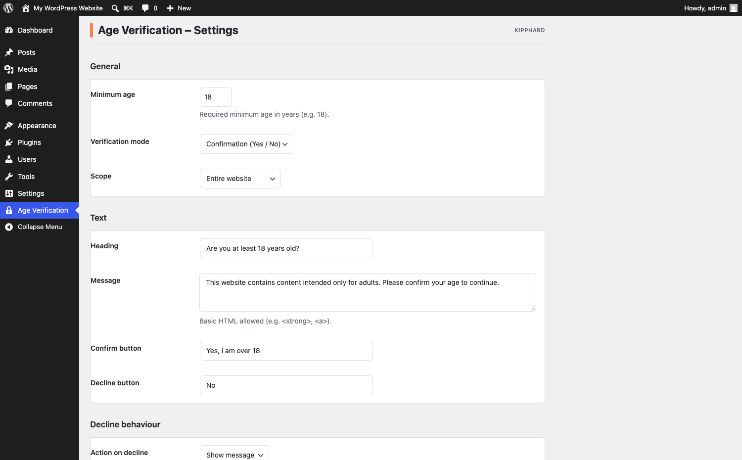 The admin settings page: scope, verification mode, text, design, and cookie duration.