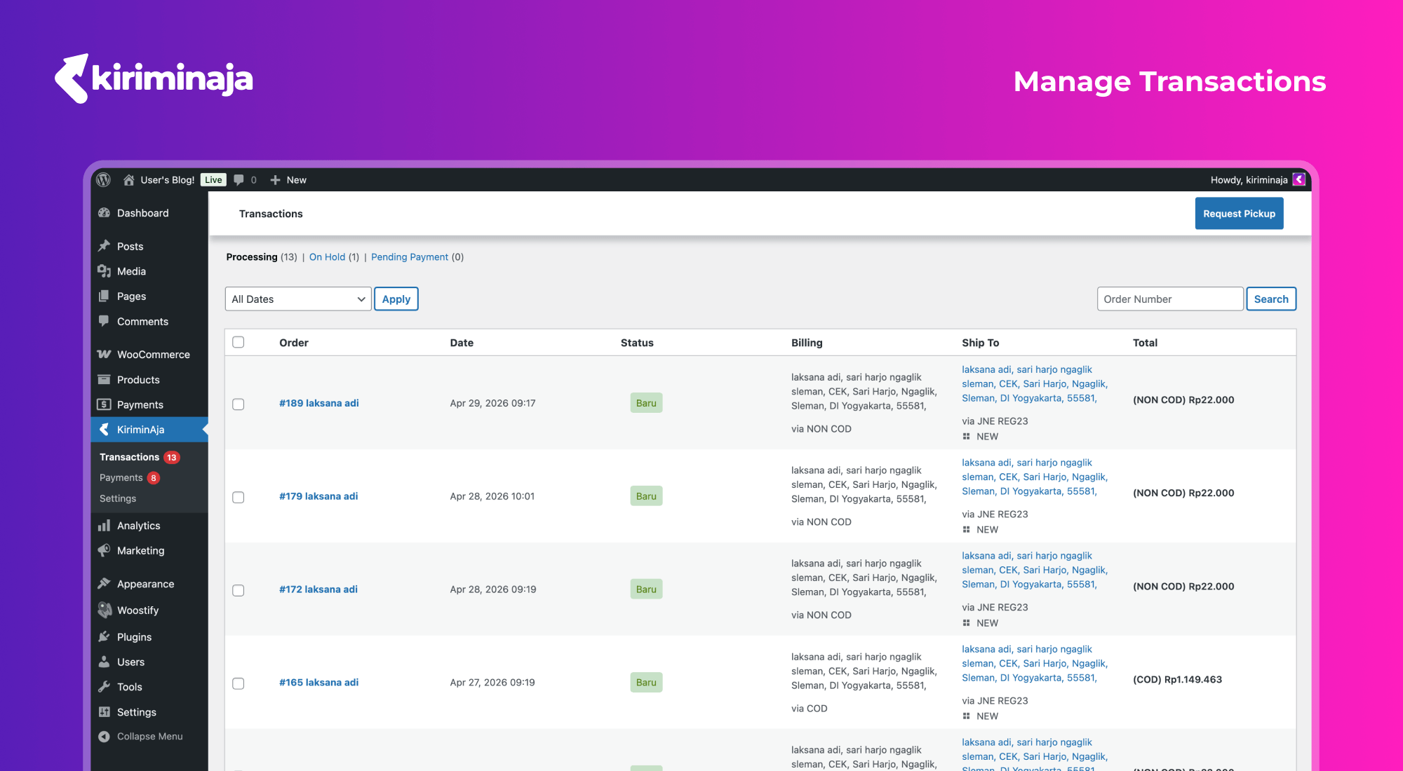 Manage all your transactions in one place — view order details, statuses, and shipping info at a glance
