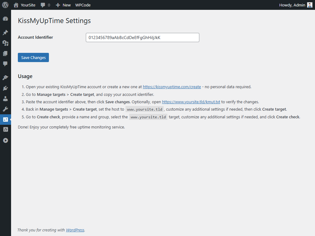 Settings page for entering your KissMyUpTime account identifier.