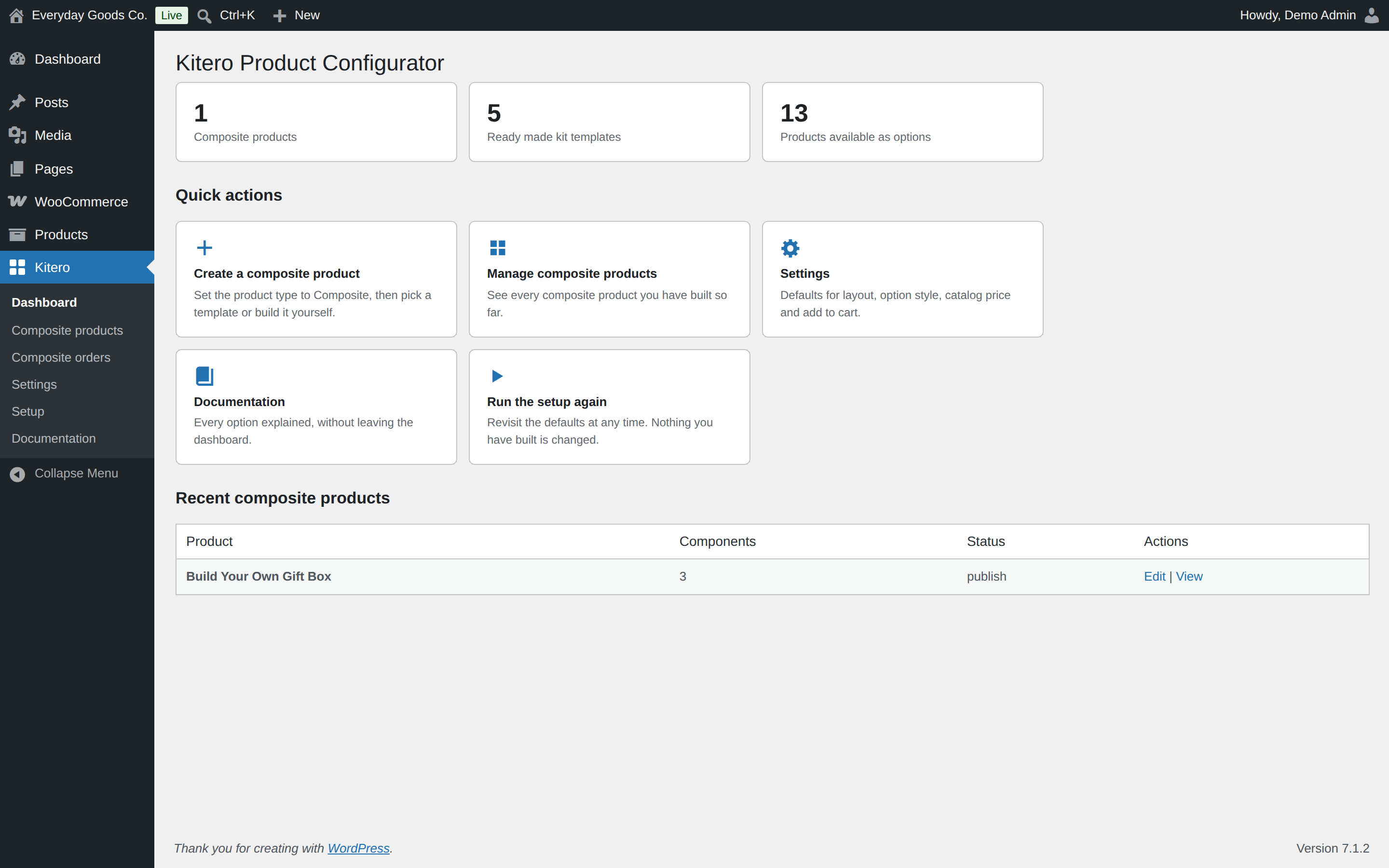 Use the quick action cards to create a product, open the settings or run the setup again.
