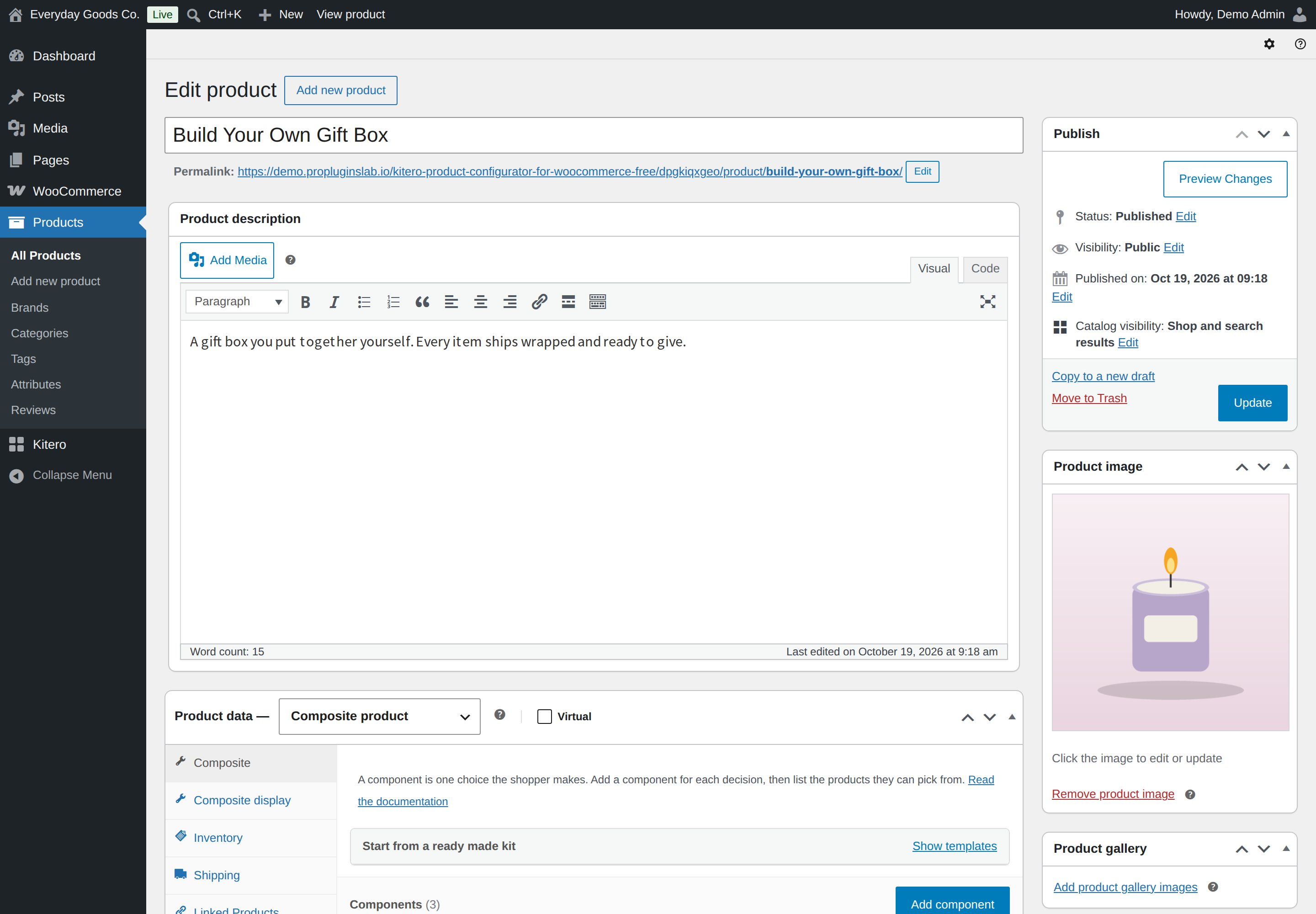 Set the product type dropdown to Composite product to show the Composite and Composite display tabs.