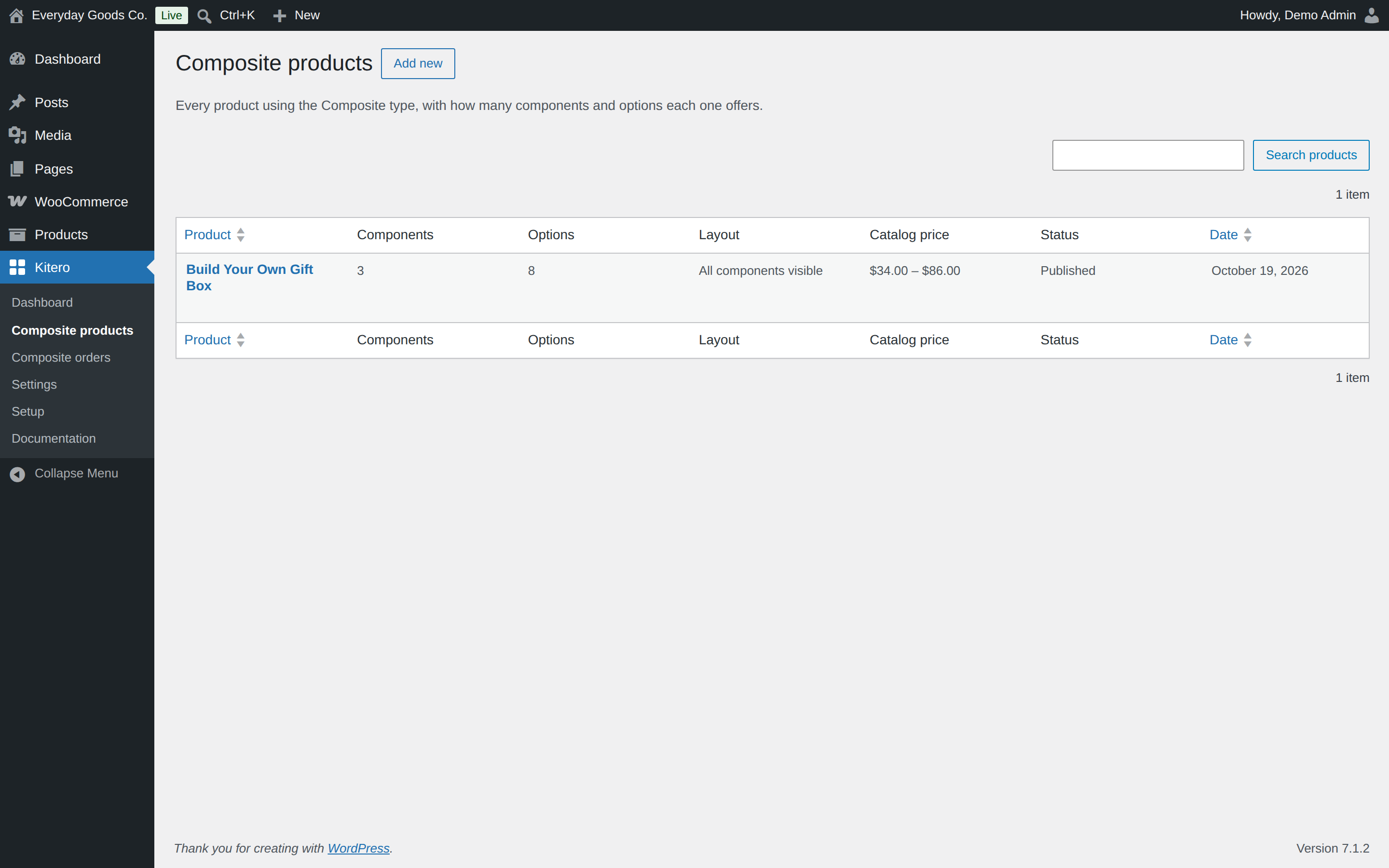The Options and Catalog price columns help you check that each product is set up before it goes live.