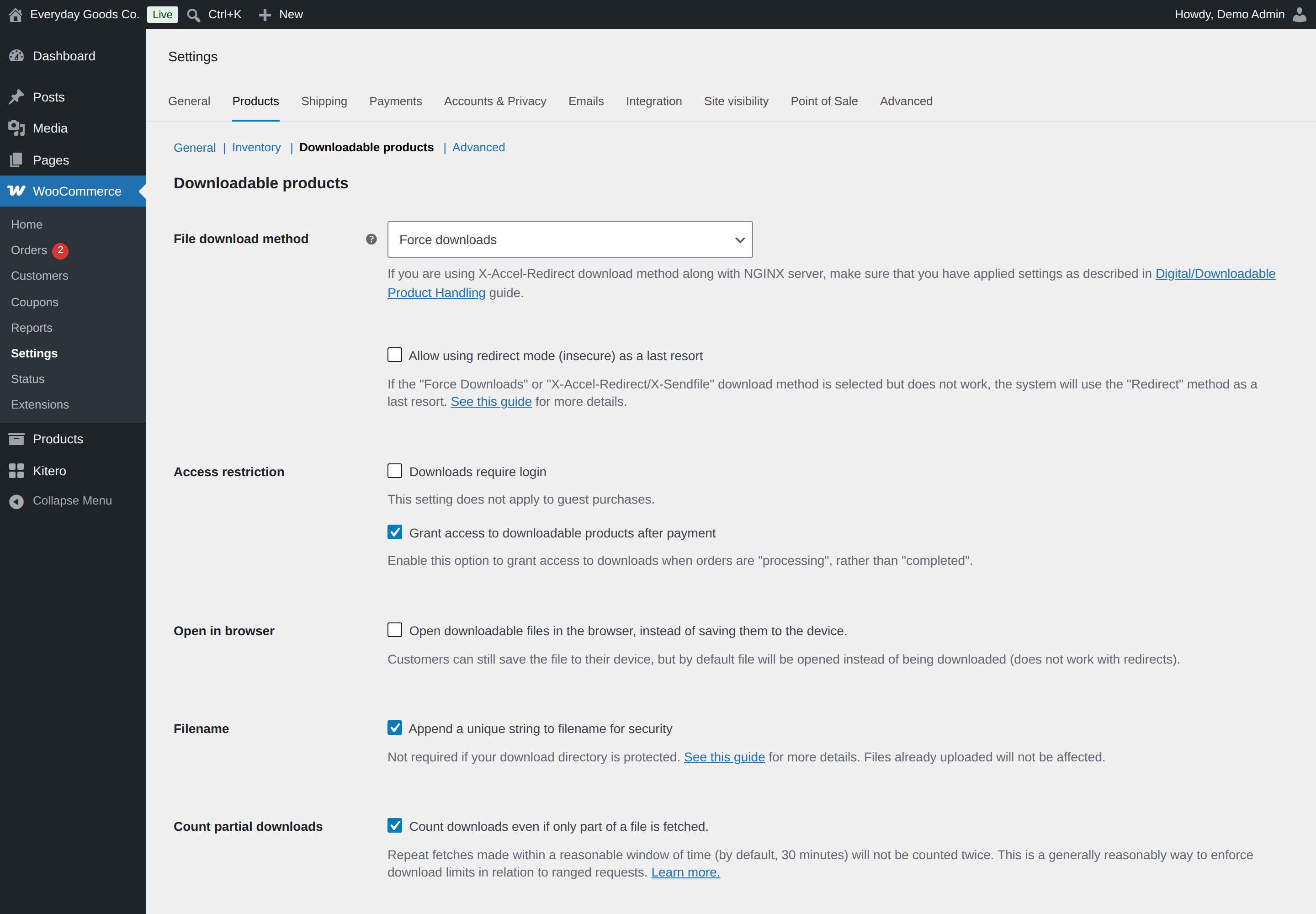 These are standard WooCommerce settings for downloadable files.