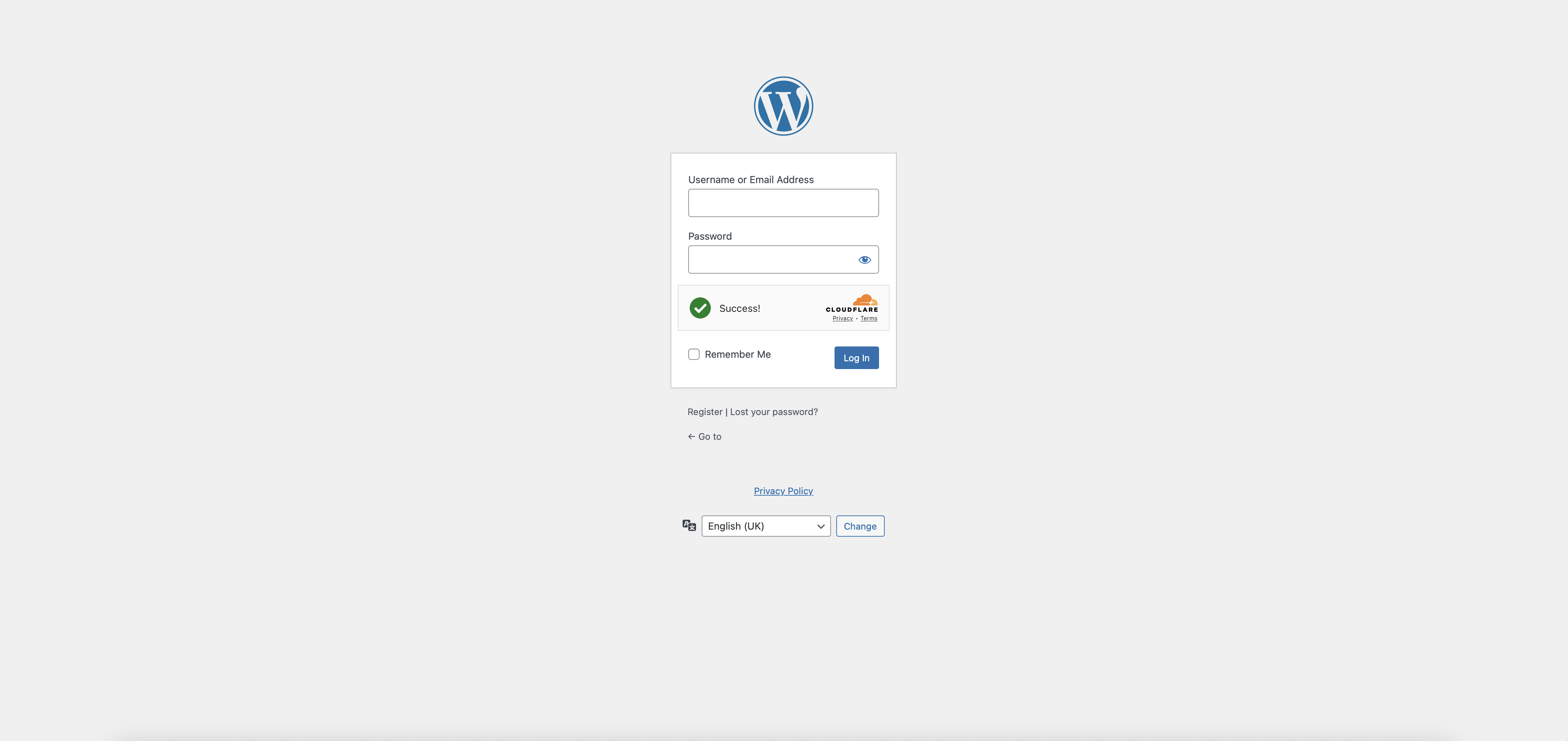 WordPress Login protected by Cloudflare Turnstile (success state).