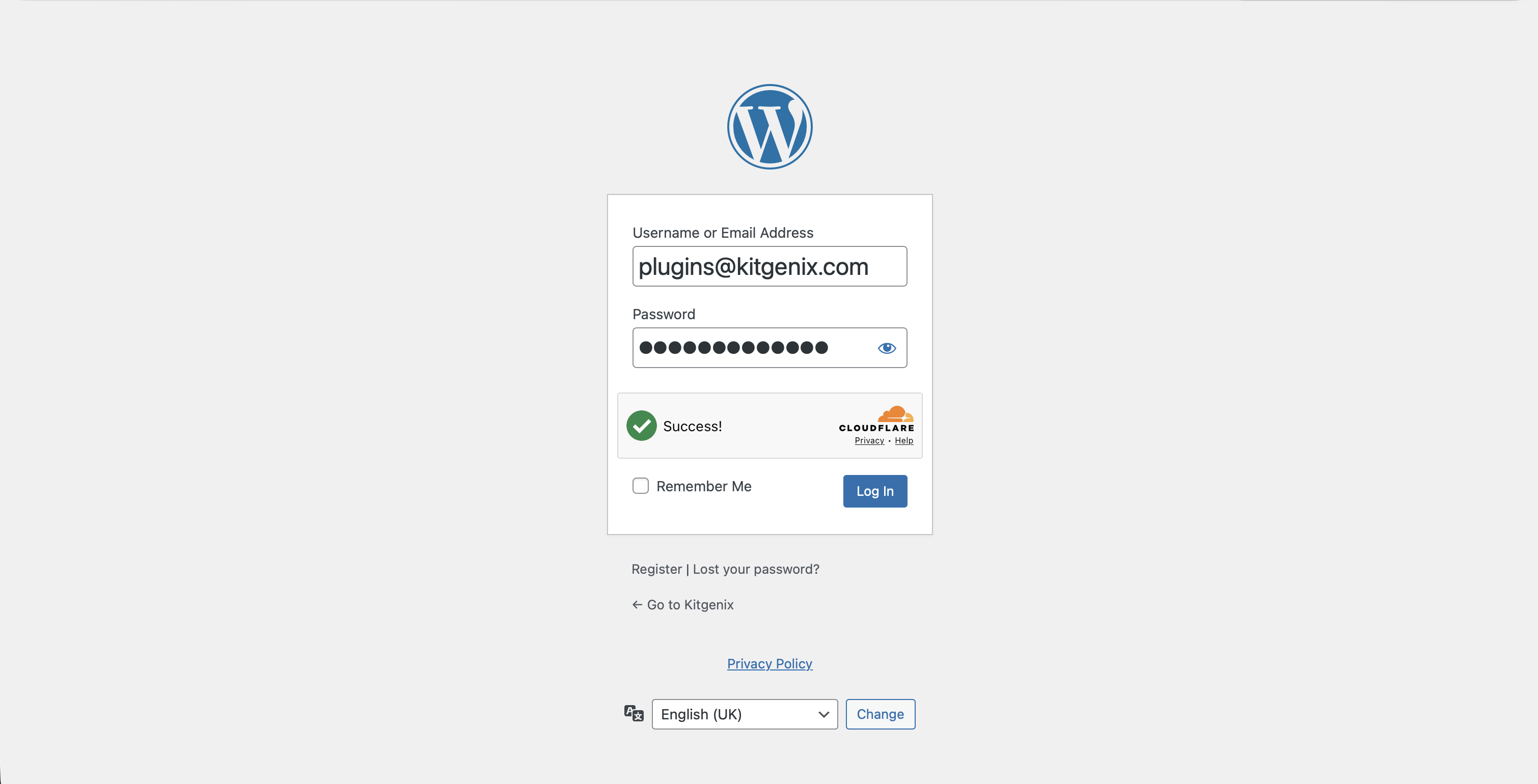 WordPress login form protected by Cloudflare Turnstile.
