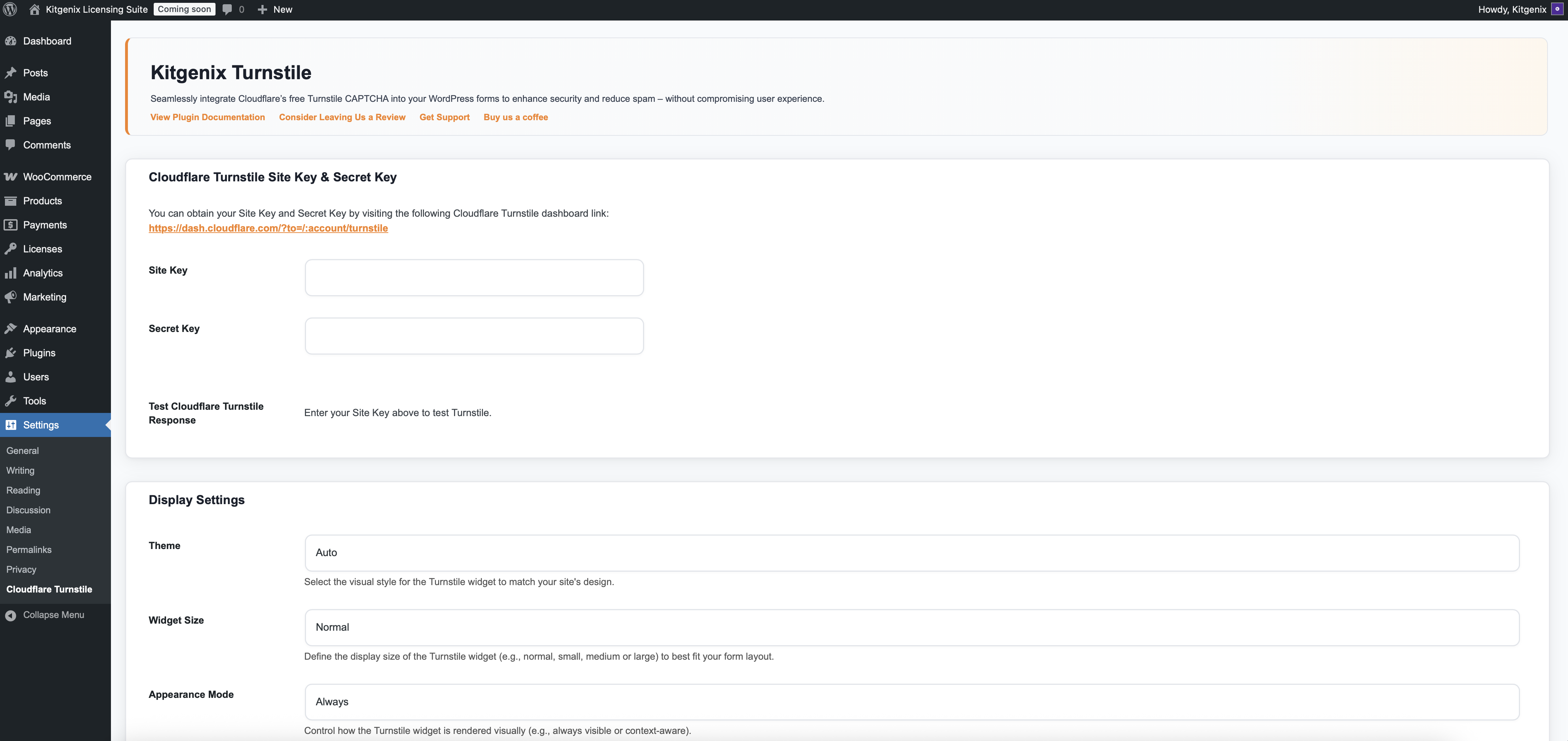 Quick setup: enter Cloudflare Turnstile Site &amp; Secret keys; choose theme, widget size and appearance mode.