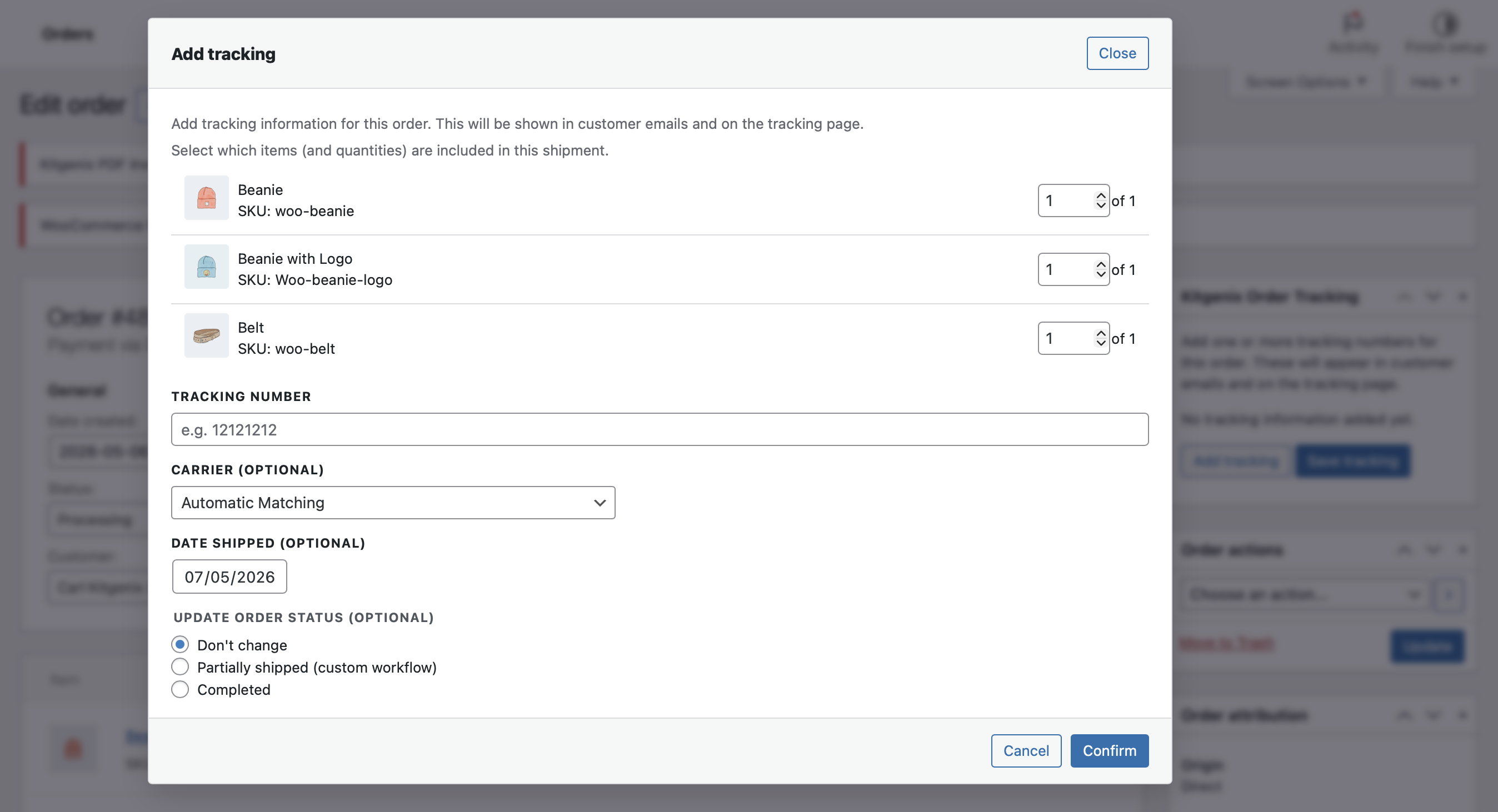 Admin order screen: Add shipments with carrier, tracking number, shipped date, and item quantities.
