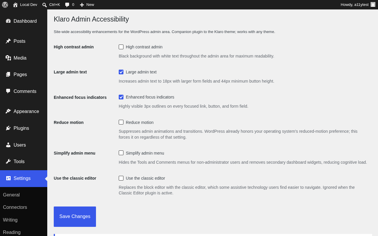 The settings page under Settings > Admin Accessibility.