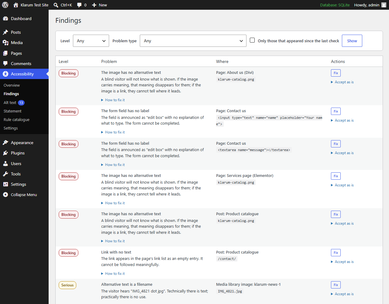 Findings: every problem with its impact, how to fix it, and a direct link to the right screen.