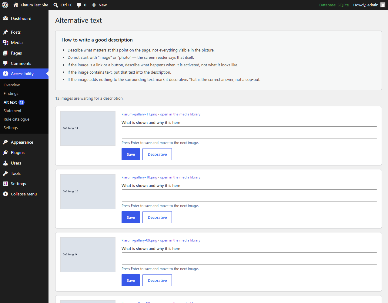Bulk alt text editor: image, field and controls on one screen.