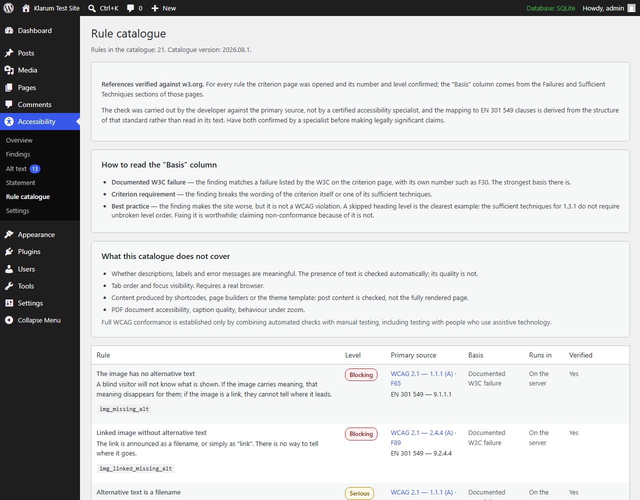Rule catalogue: every rule with its WCAG criterion, EN 301 549 clause and verification status.