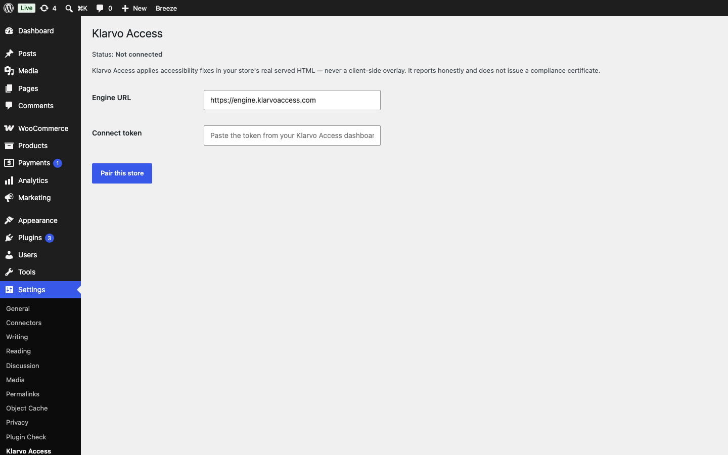 Settings → Klarvo Access: pair your store with a one-time connection token.