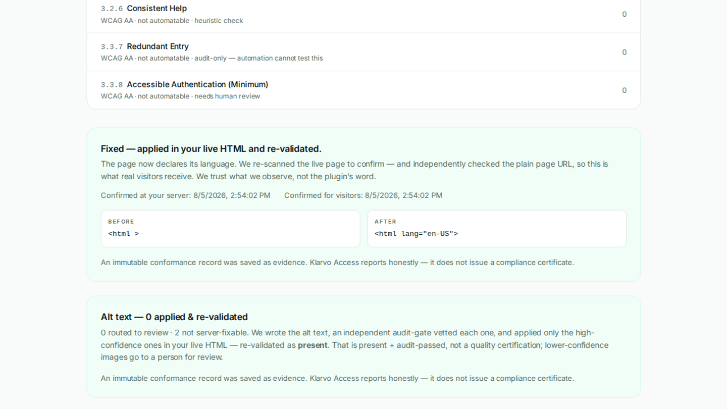 Dashboard proof: applied server-side fixes with independent verification.