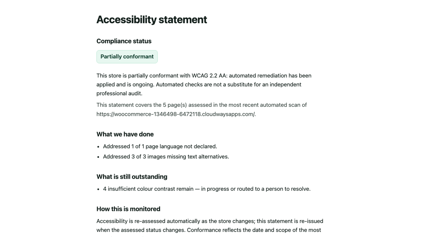 The served accessibility statement page: honest, structured, and accessible.