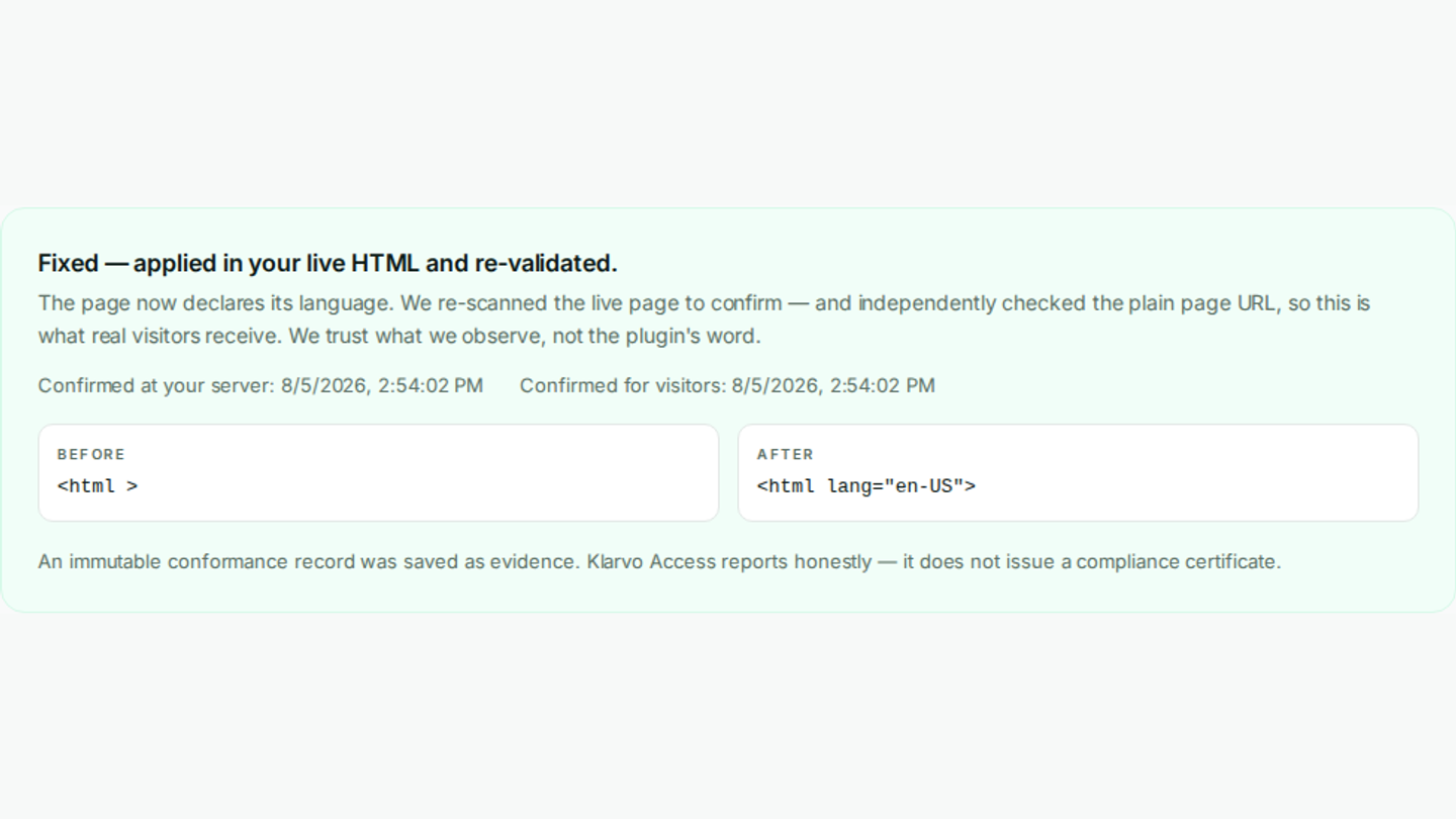 Before-and-after evidence for a fix in the store's real served HTML.