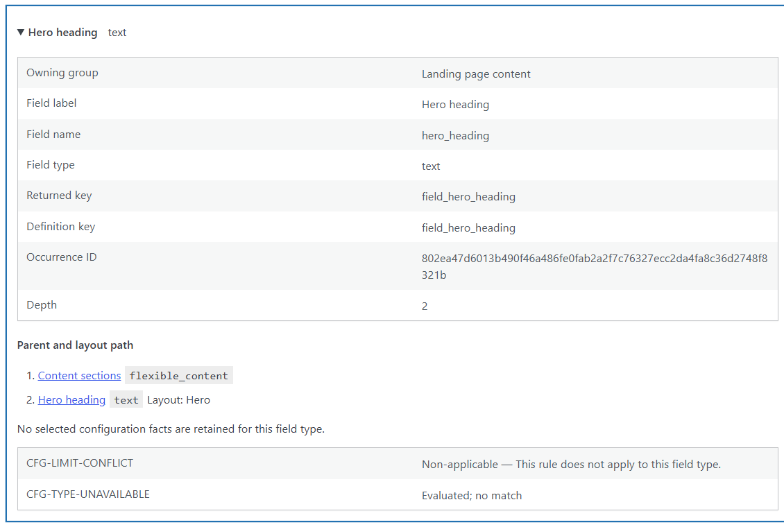 Structure Explorer showing an expanded field, its owning group and type, and its parent and Flexible Content layout path.