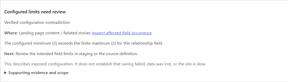 Configuration finding showing the affected field, a minimum of 3 versus a maximum of 2, its explanation, and a safe next action.