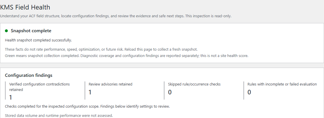 Health overview with separate snapshot status, configuration finding counts, and inspection limitations.