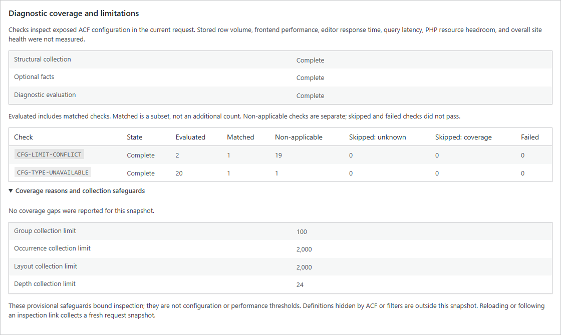 Diagnostic coverage showing evaluated, non-applicable, skipped, and failed checks alongside collection safeguards.