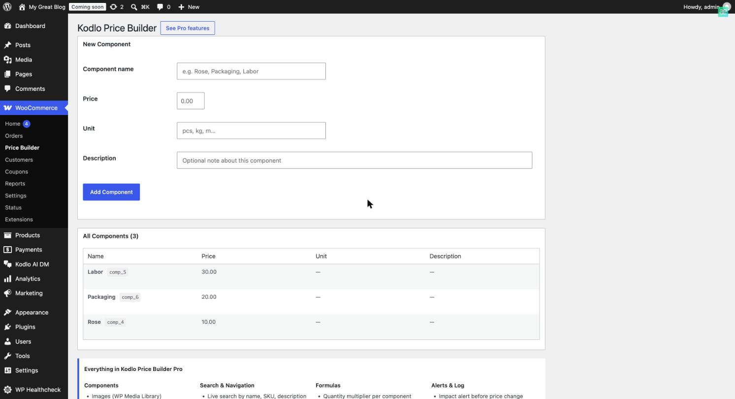 Component Manager — Create and manage reusable price components; each gets a unique token (like comp_4) to use in formulas.