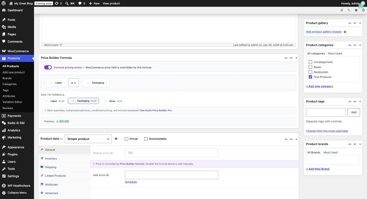 Formula Builder — Click components to build a formula, see a live price preview as you go, and toggle formula pricing on/off per product.