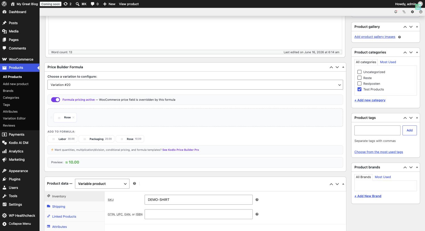 Variable Products — Build a separate formula per variation and switch between them from the same meta box.