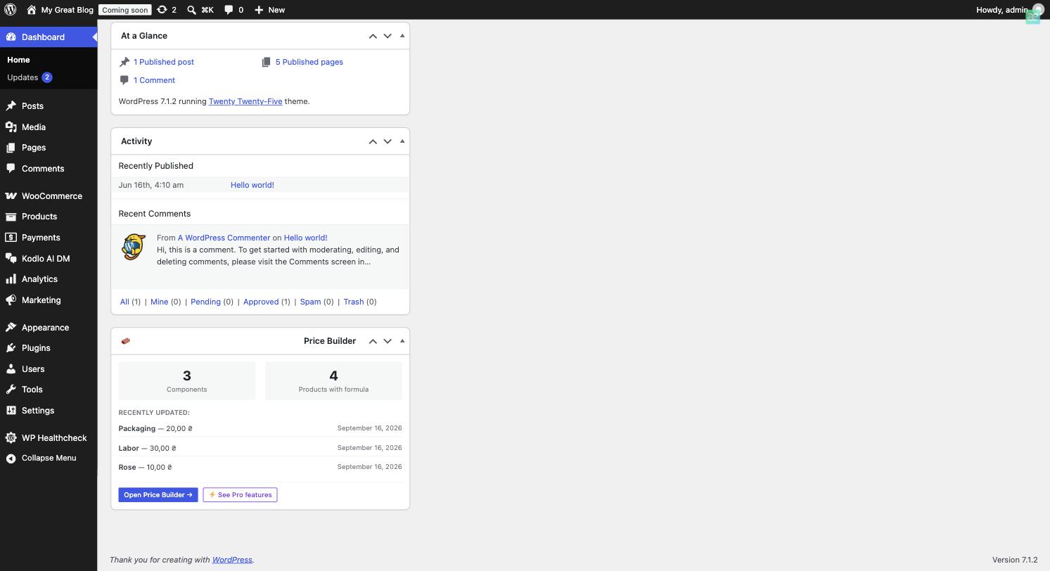 Dashboard Widget — Key stats on the WordPress admin home page.