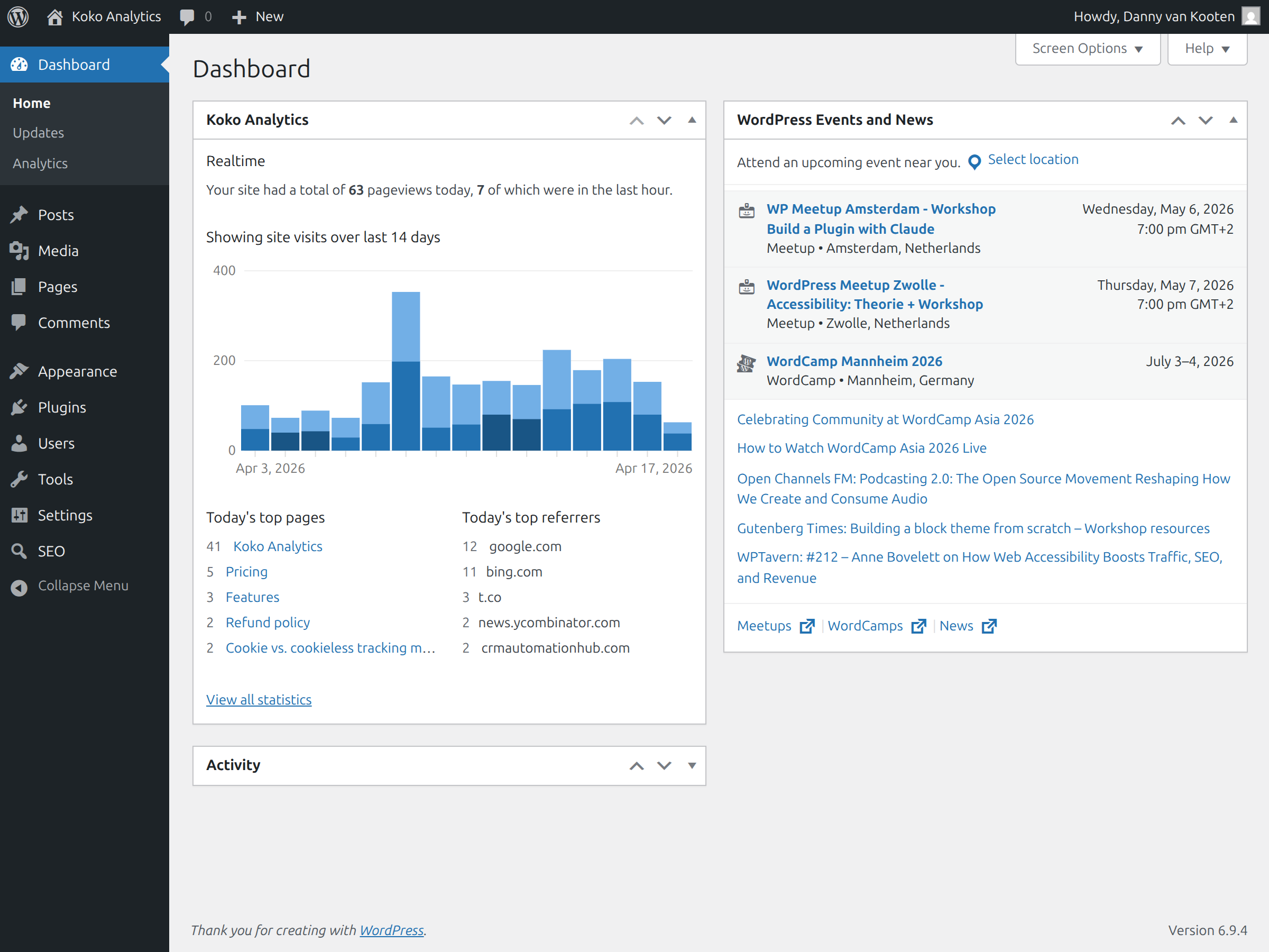 View analytics over the past 2 weeks directly after logging in