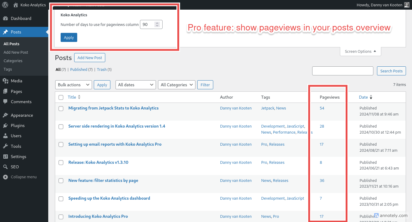 Koko Analytics Pro can show your pageviews over a configurable time period right in your posts overview.