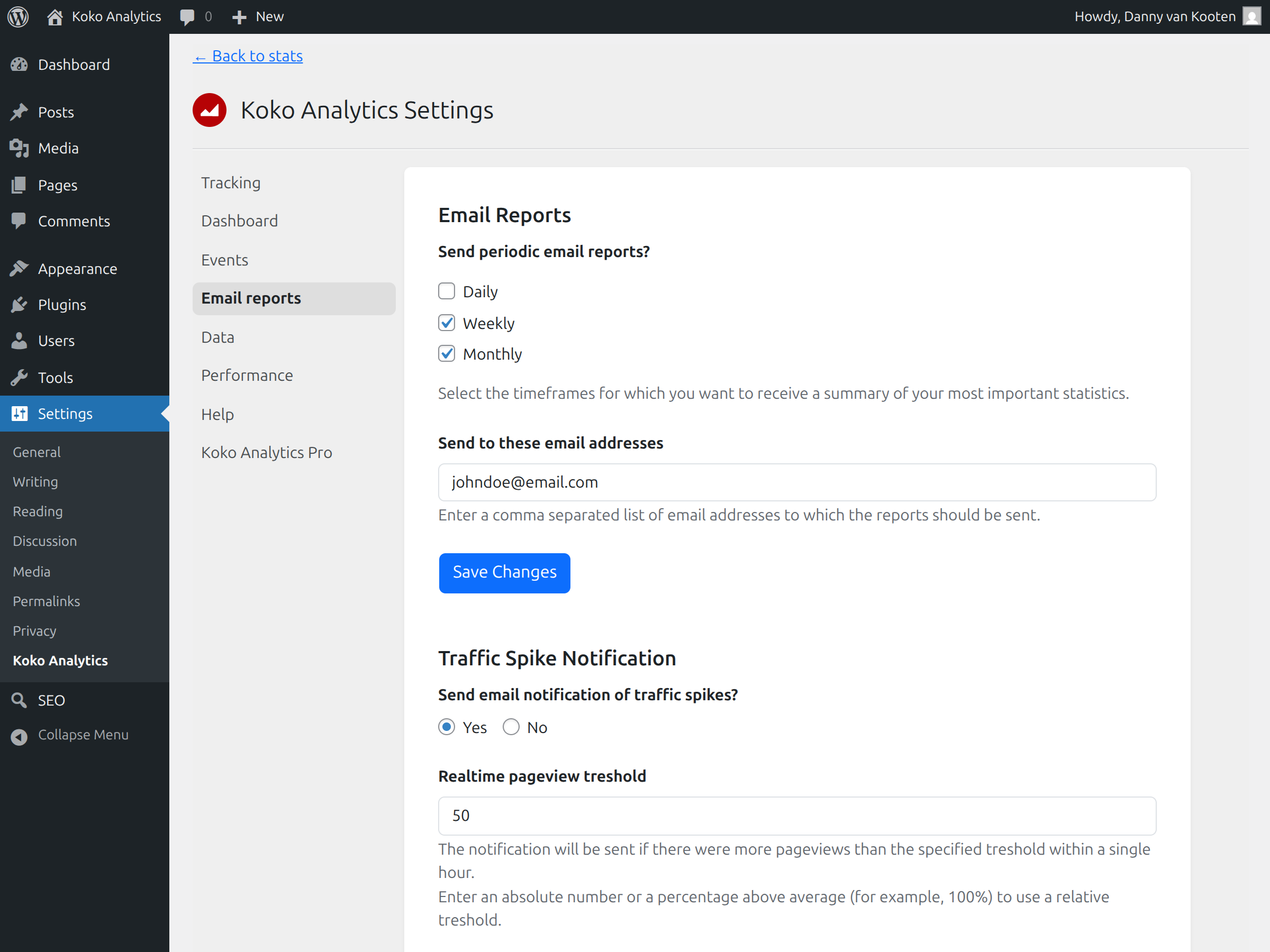 Configure periodic email reports or traffic spike notification. [Pro]
