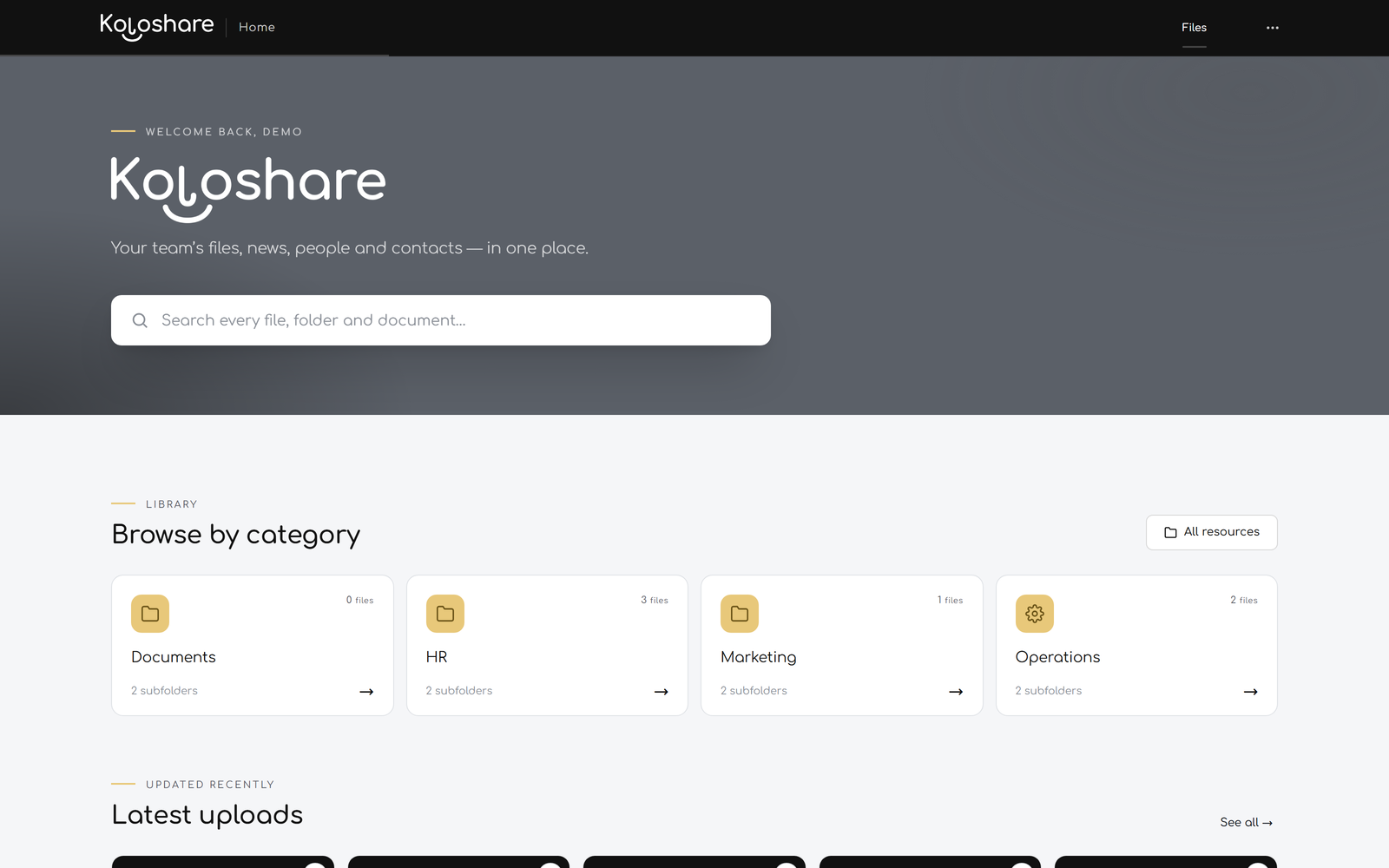 The staff homepage: a search box over the whole library, folders by category and the latest uploads.