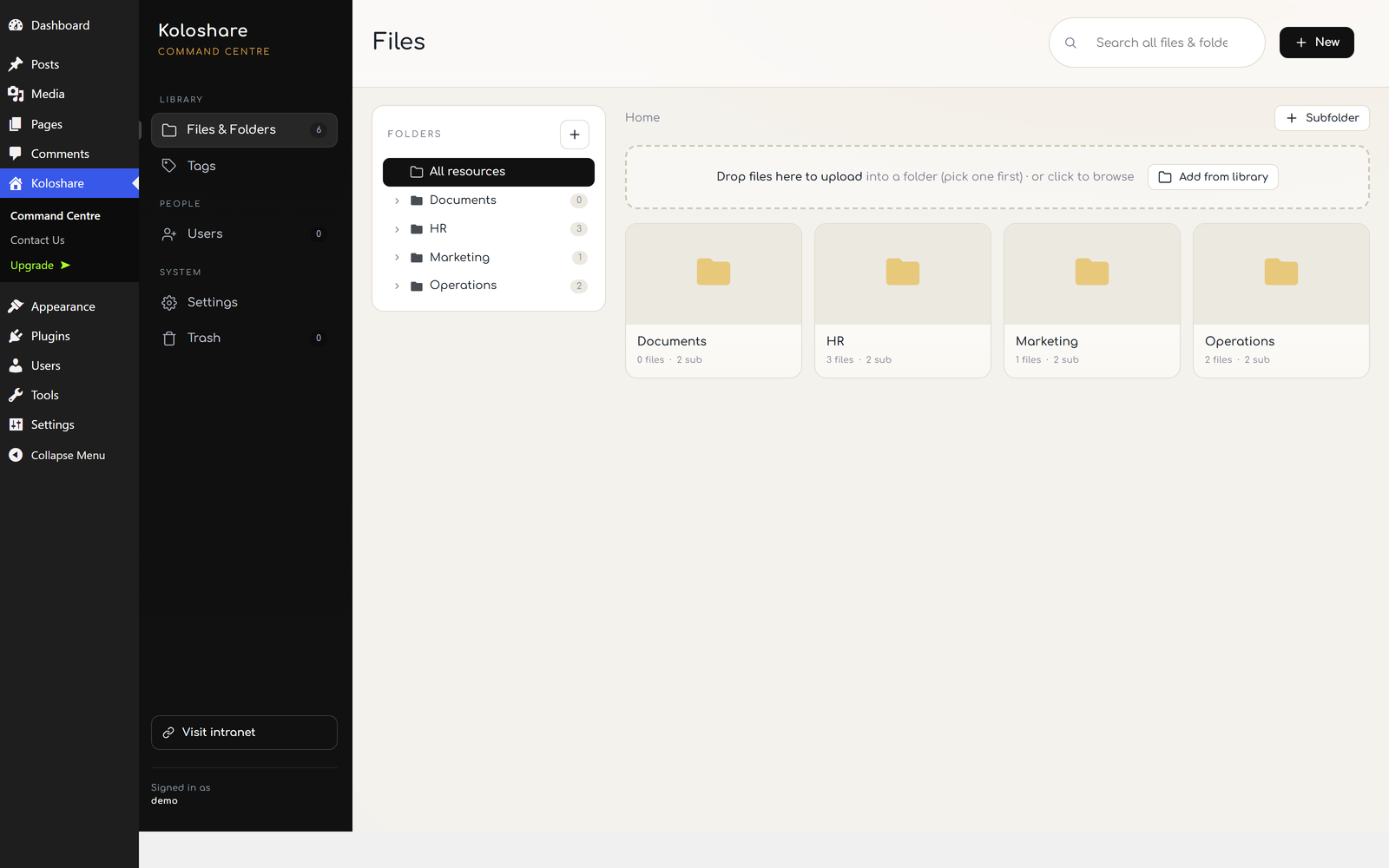 The Command Centre: files, folders, staff accounts and every setting in one screen.