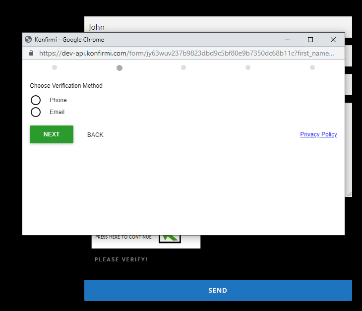 <p>This image shows Konfirmi set up for Email or SMS code verifications.</p>