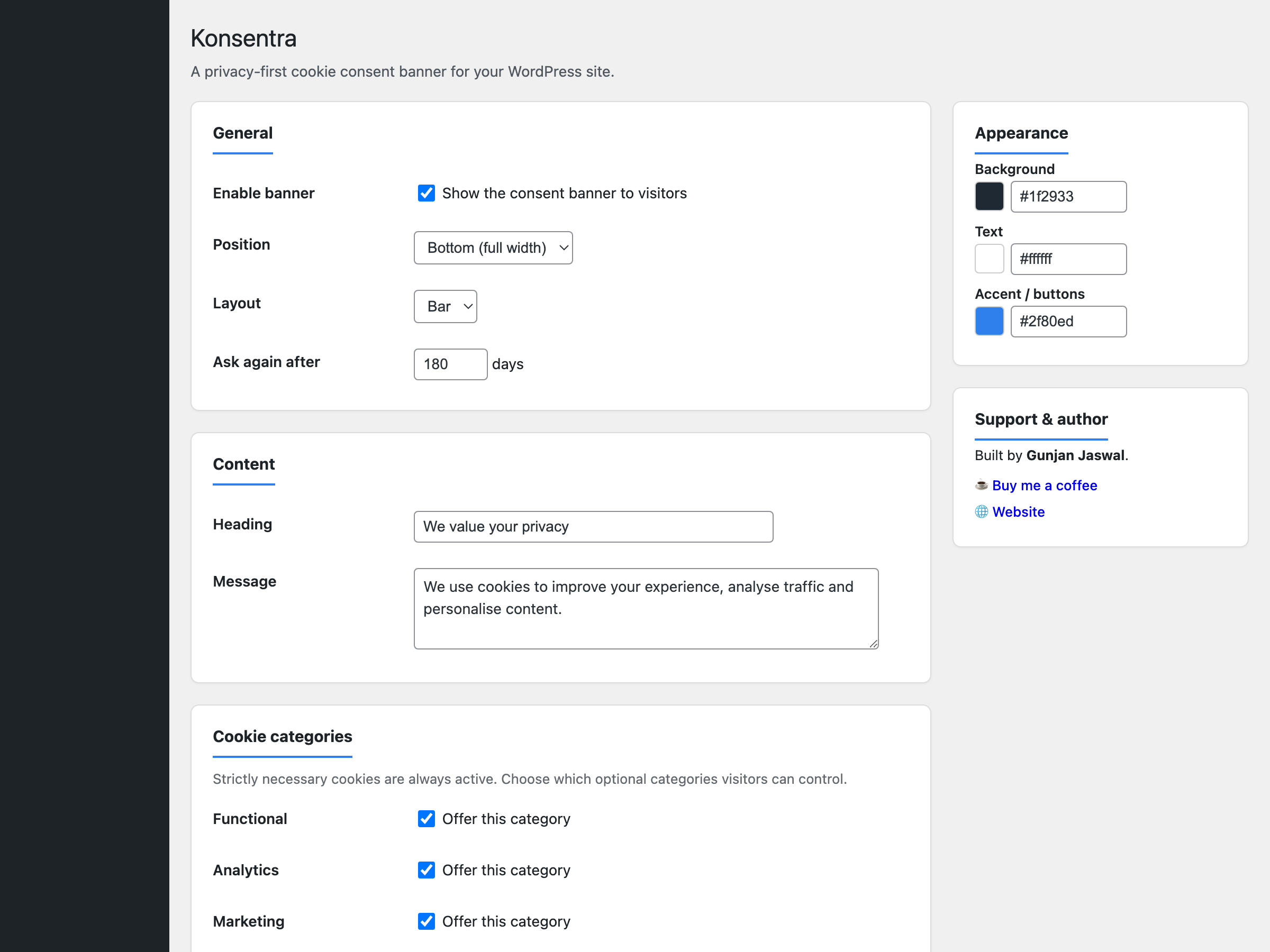 The settings screen in the WordPress admin.