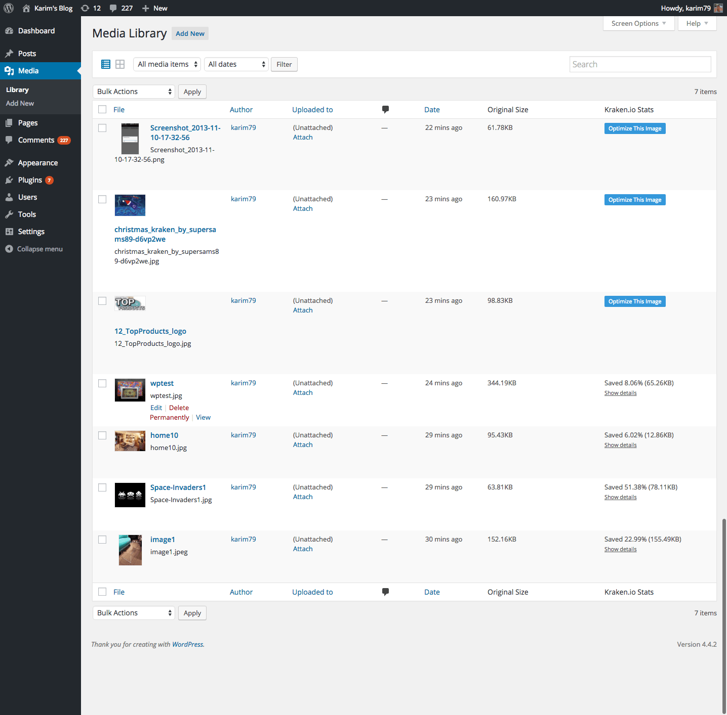 This screenshot shows the two columns added by Kraken.io Image Optimizer: <strong>original image</strong> and <strong>Kraked size</strong>, as well as the new <strong>Optimize This Image</strong> button which is present for images which already exist in your media library. Stats and optimization type are shown for optimized images.