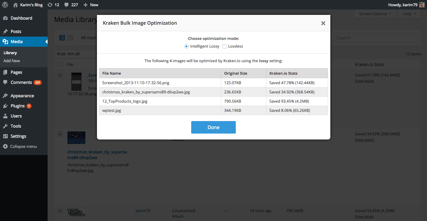 This screenshot shows the bulk optimizer aka the "Krak 'em all" feature which appears as an overlay.