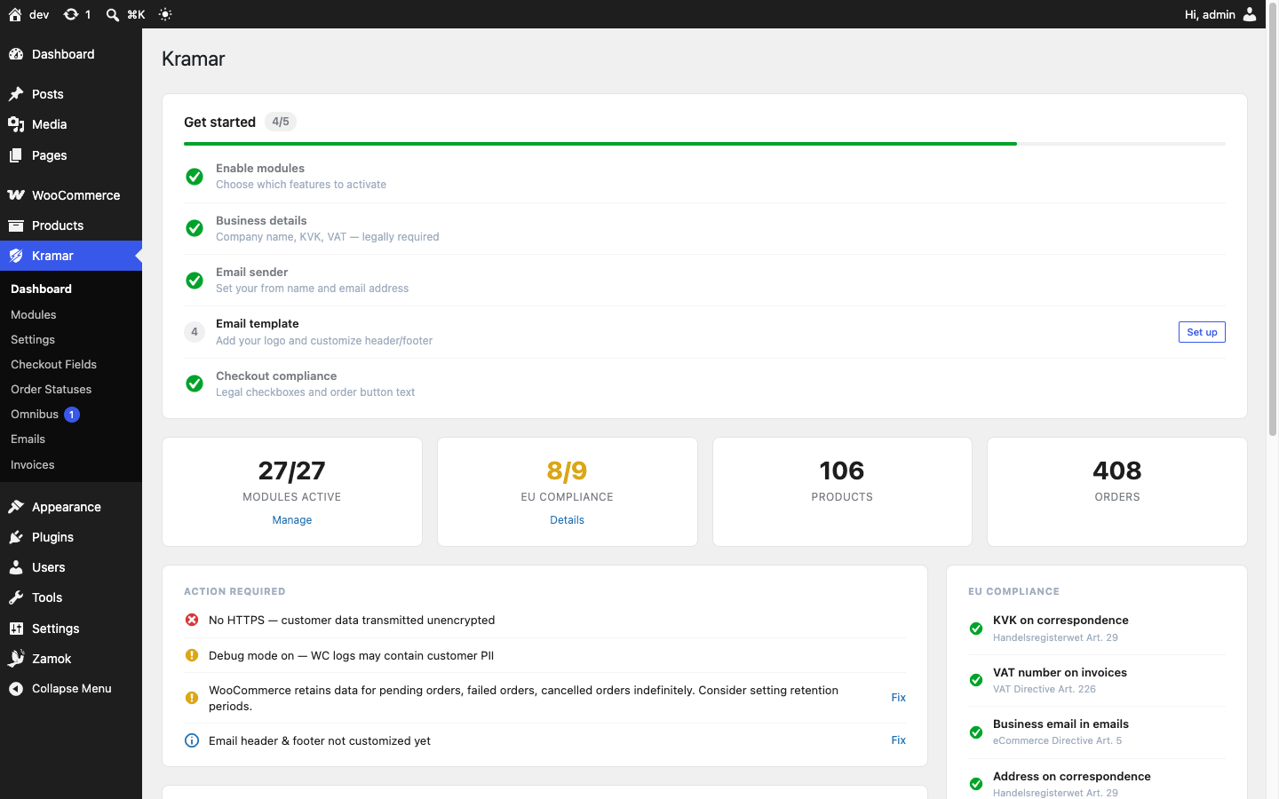 Dashboard — get-started checklist, module/compliance stat cards, and an action-required panel.